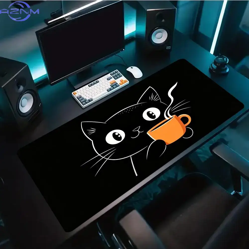 Desk Setup Pc And Laptop - Şirin Çizgi Sanatı Kedili, Kahve Fincanı